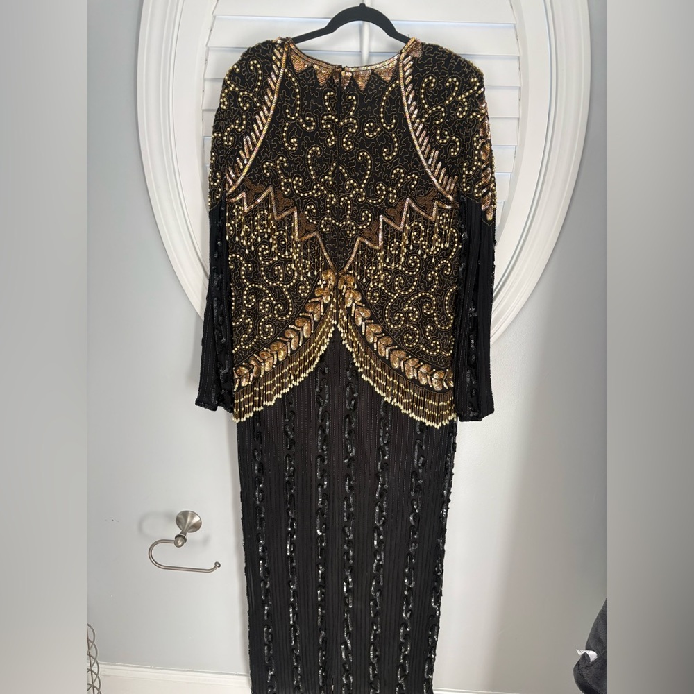 Rosita vintage black silk fully beaded and sequined long-sleeve evening gown 3X - Picture 9 of 16
